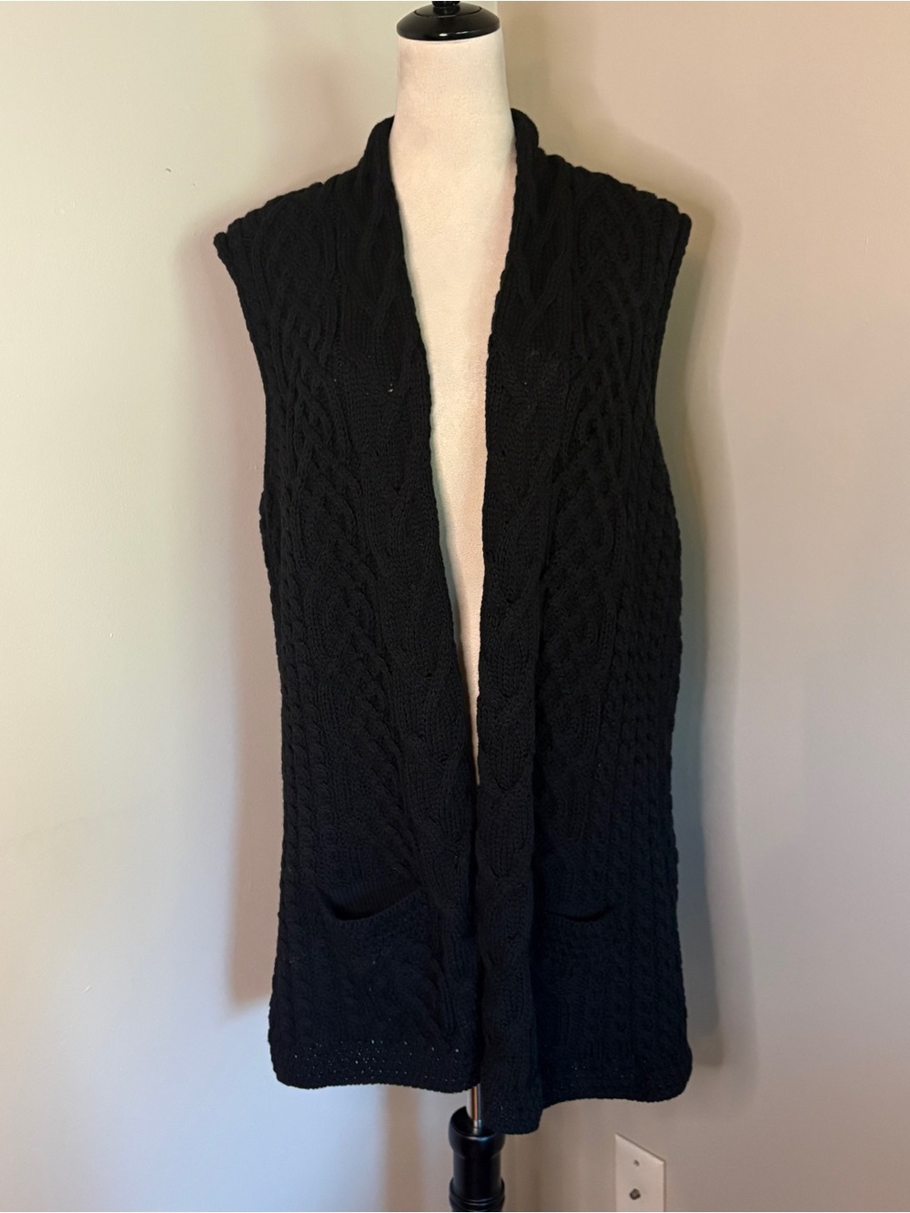 Kilronan Irish Merino Wool Long Cable Knit Open Front Sweater Vest Black Large
